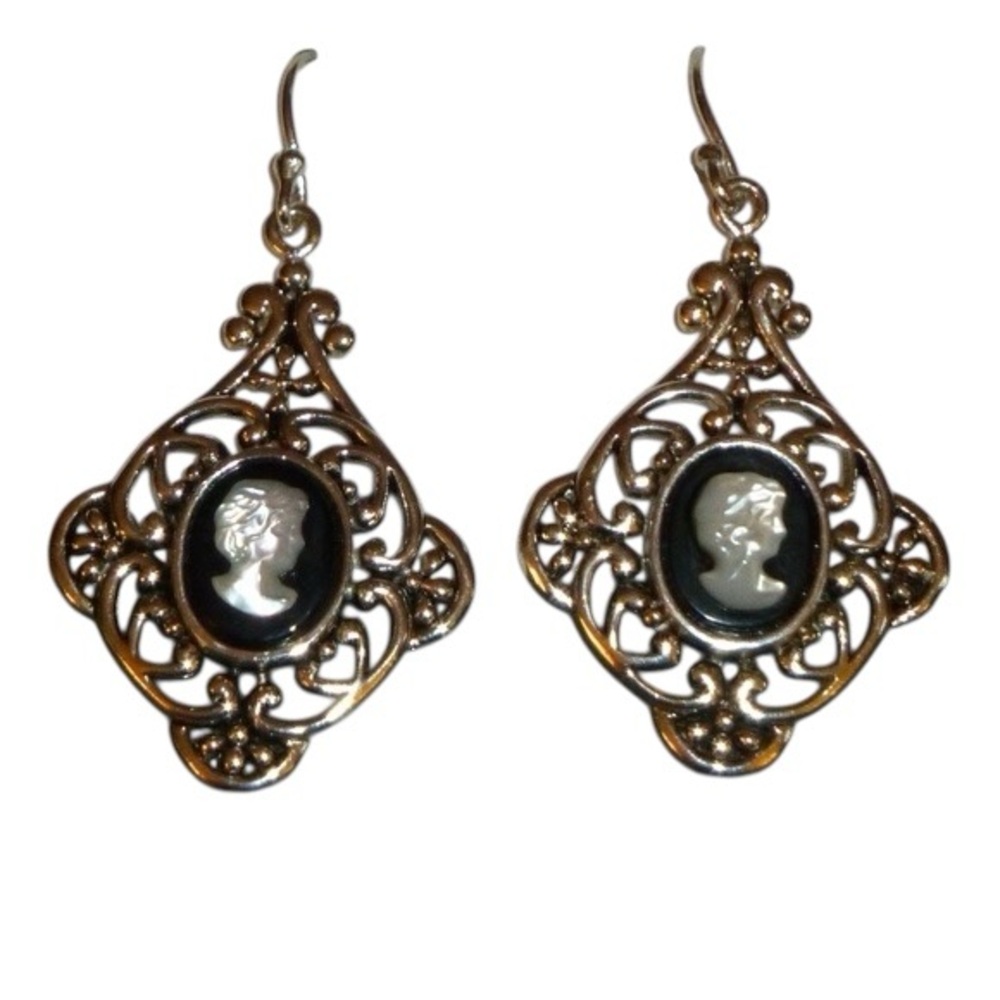 Cameo Dangle Earrings, Fine Silver Plated Black & White, Filagree Diamond Shape